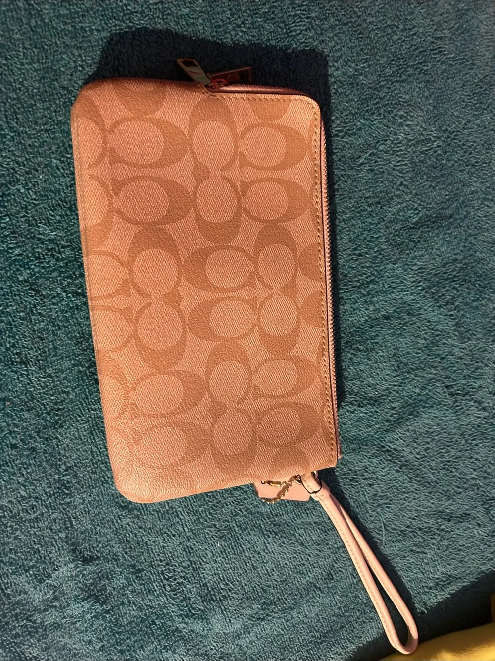 Coach Tan Signature Zip Wristlet with Logo Print